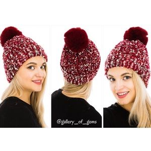 Fur Lined Confetti Knit Burgundy Pom Pom Beanie!
